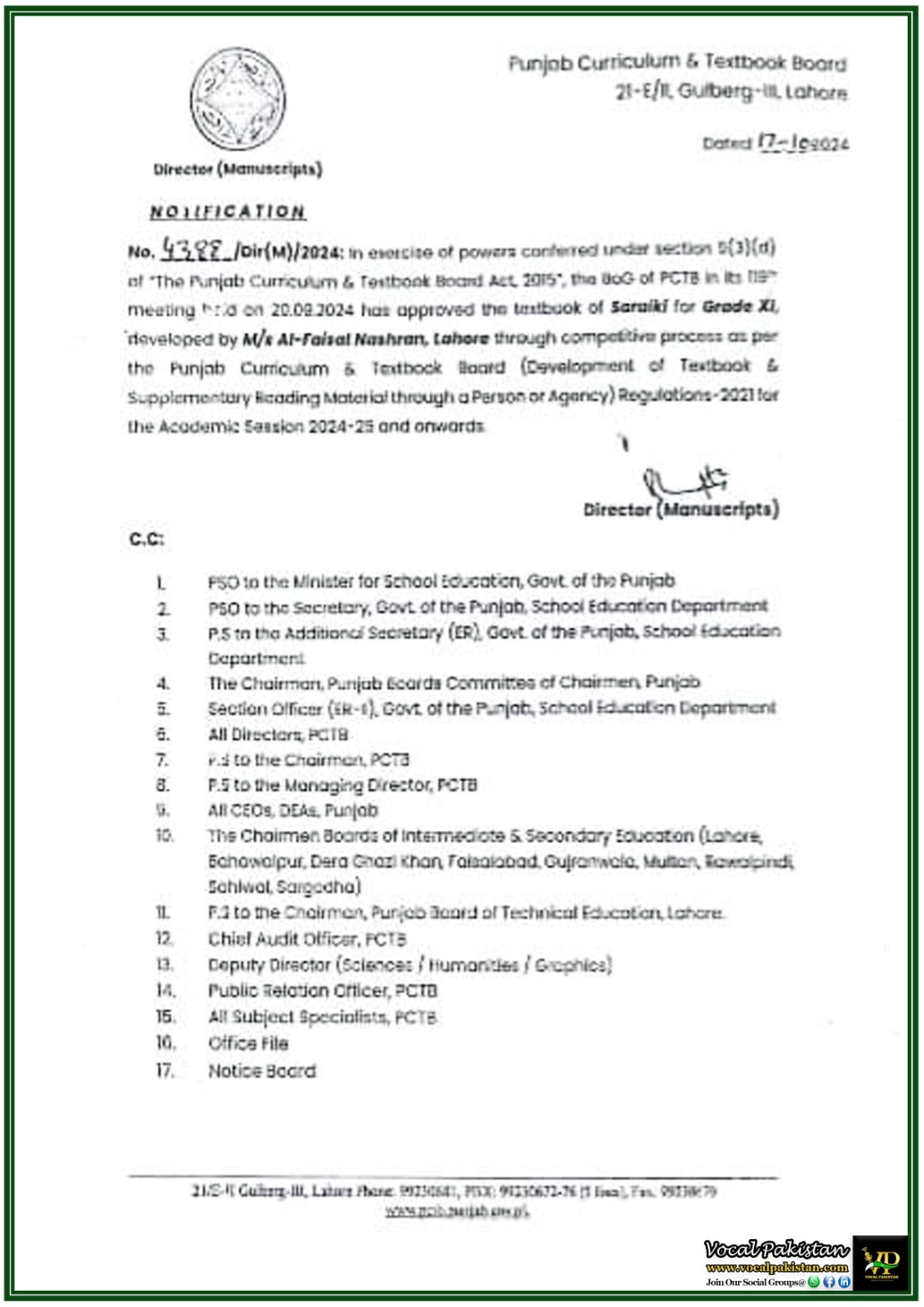 Punjab 2 Board of Governors Approves Saraiki Textbook for Grade XI under PCTB Act 2015 – Notification