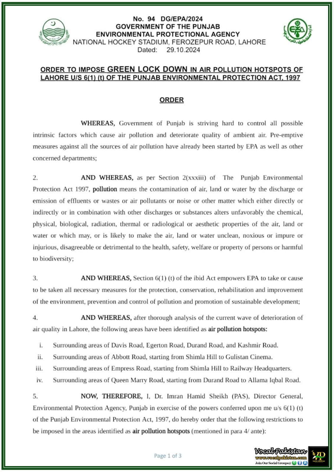 Punjab 1 Environmental Protection Order: Green Lockdown in High-Risk Lahore Areas – Notification