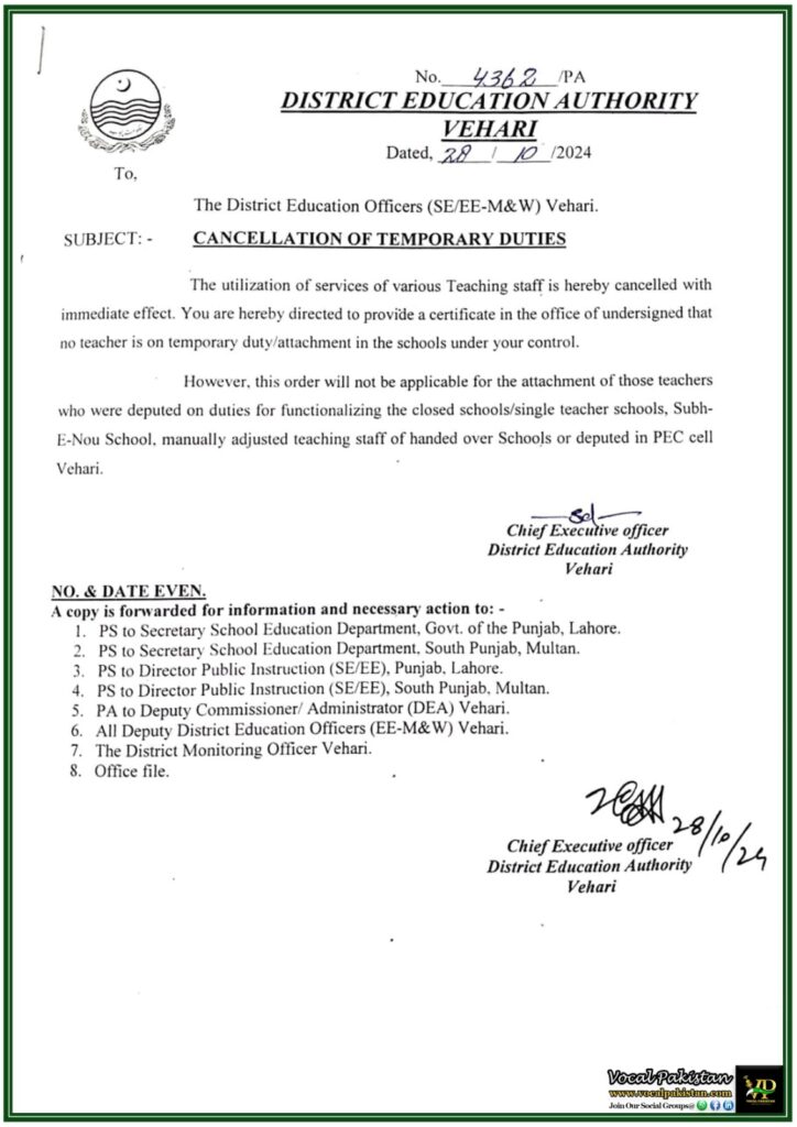 Immediate Cancellation of Temporary Teaching Duties – Notification