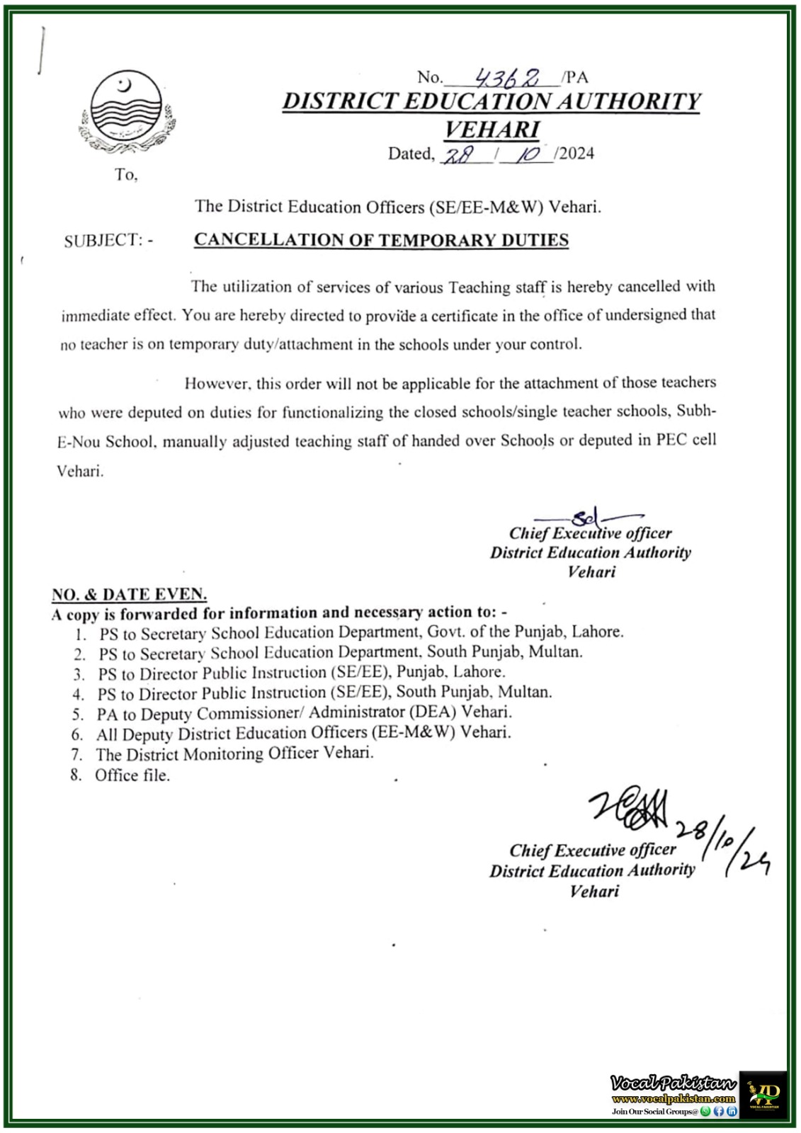 Punjab 10 Immediate Cancellation of Temporary Teaching Duties – Notification