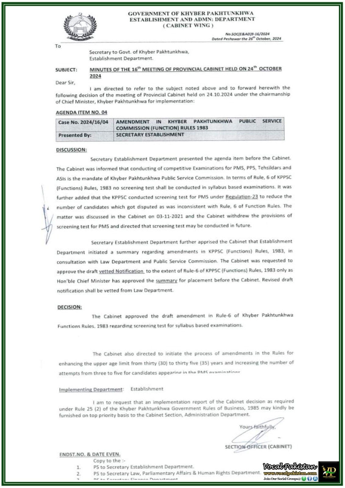 Provincial Cabinet Approval: Amendment in KPPSC (Functions) Rules, 1983 – Notification