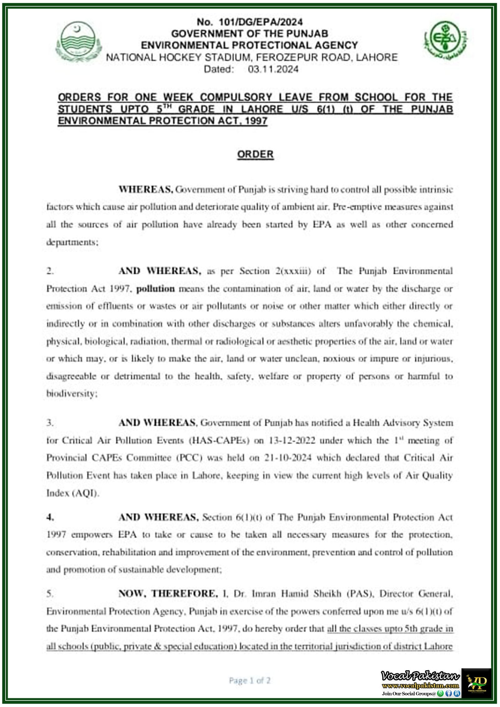 Punjab EPA Orders One-Week School Closure for Students Up to 5th Grade in Lahore Due to High Pollution Levels – Notification