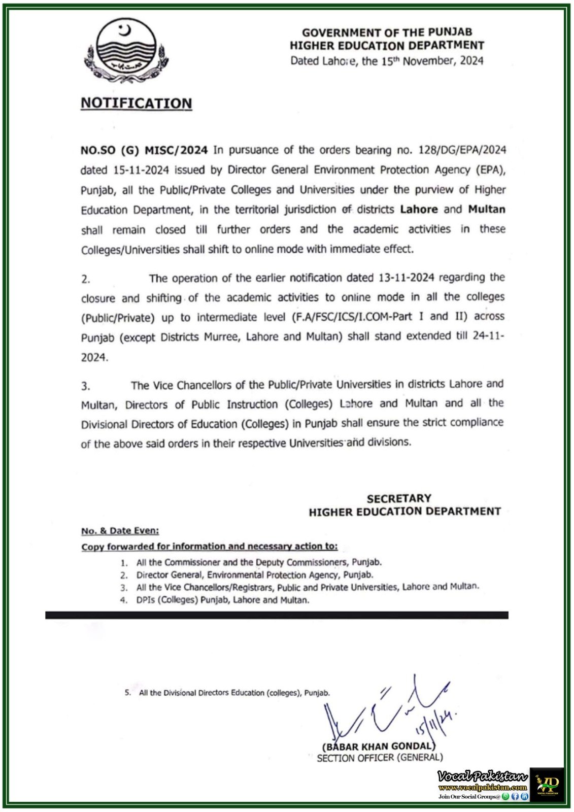 Extension of Closure and Online Education Directive for Public and Private Institutions in Punjab – Notification