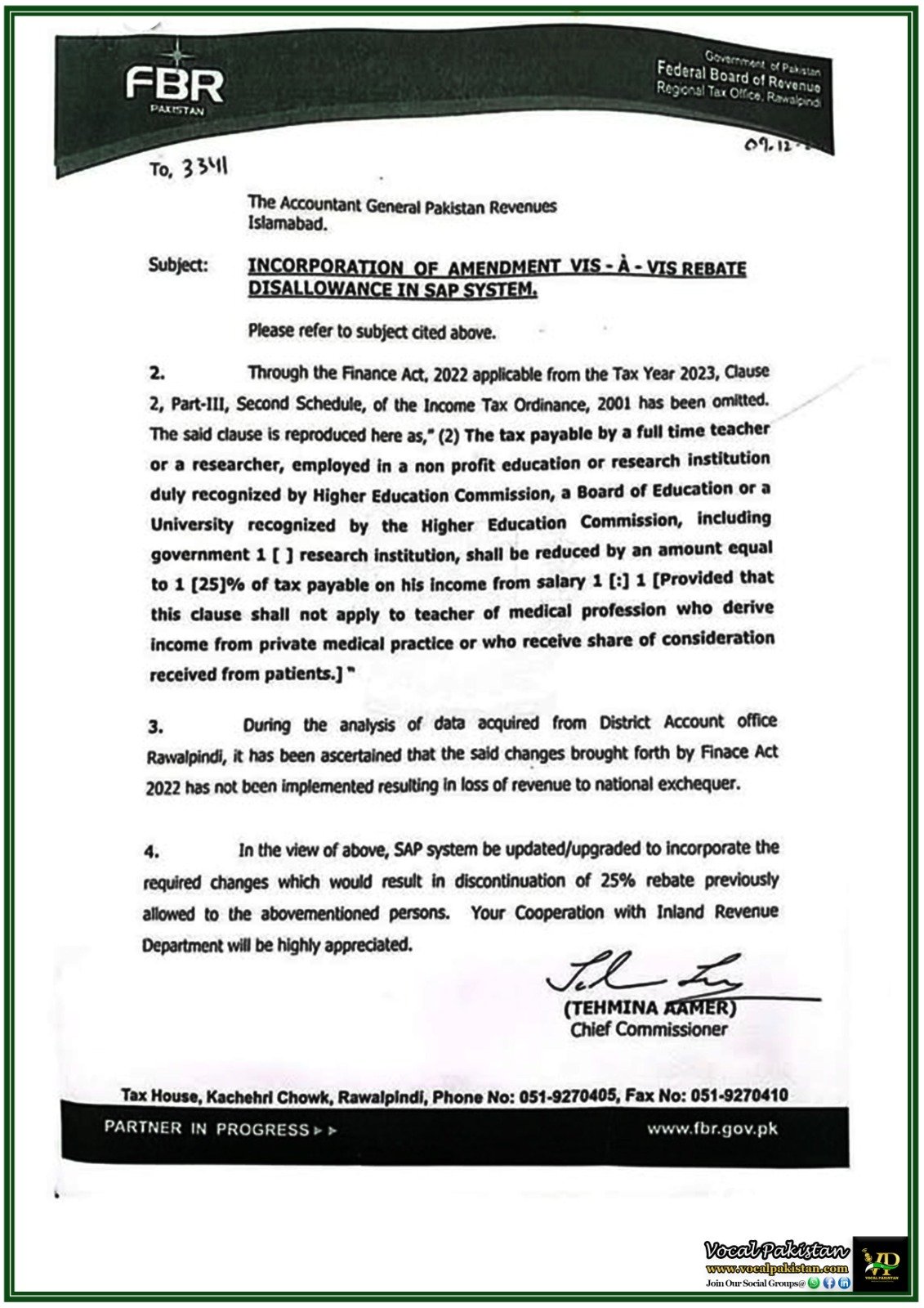 25% Tax Rebate for Teachers and Researchers Rescinded: Implementation Directive of FBR–Notification