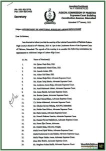 49 Legal Experts Nominated for Lahore High Court Judgeship Judicial Commission Meeting Scheduled–Notification