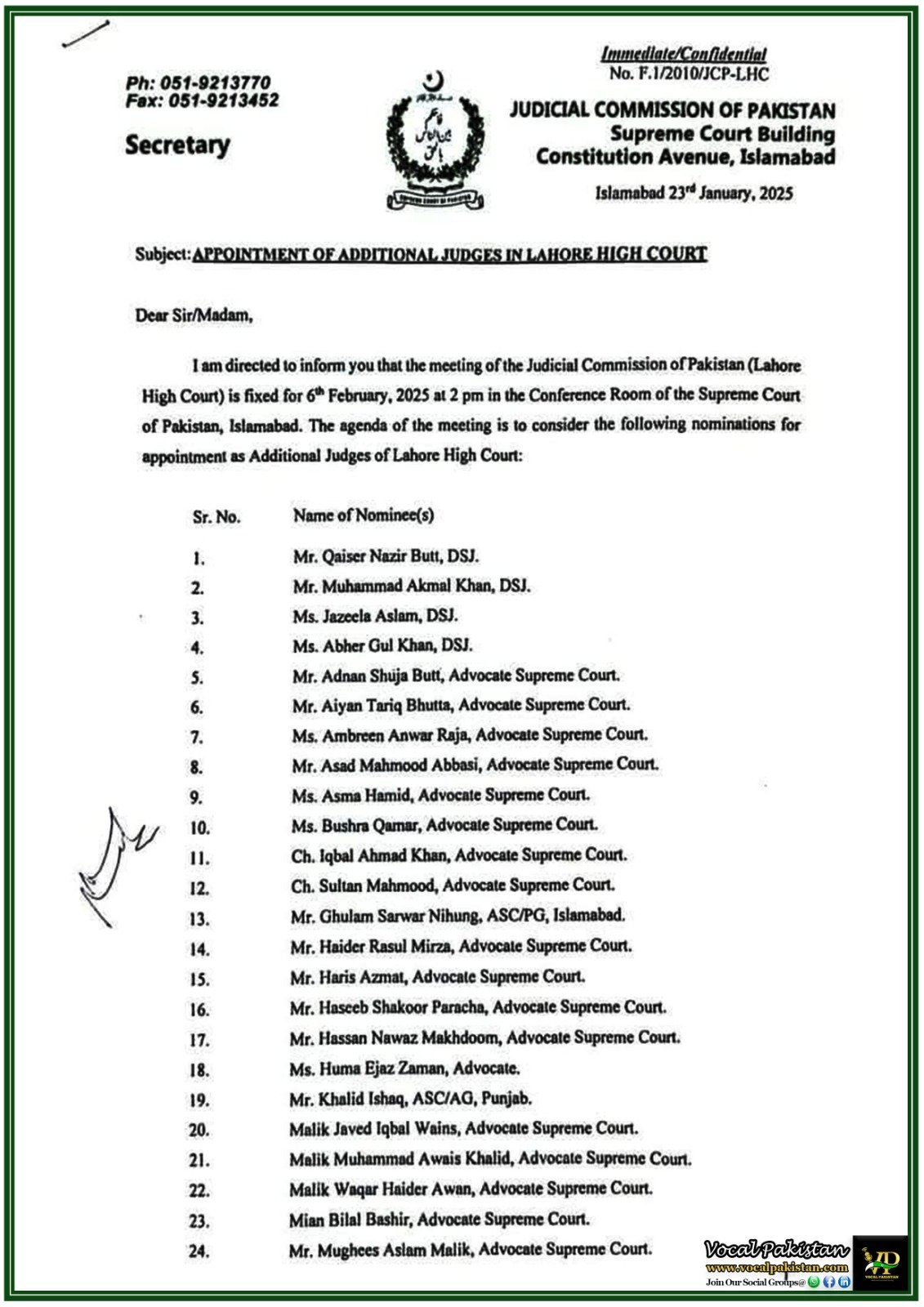 49 Legal Experts Nominated for Lahore High Court Judgeship: Judicial Commission Meeting Scheduled–Notification