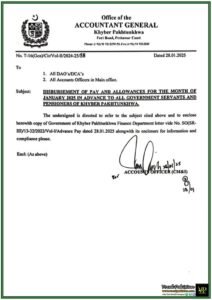 Advance Disbursement of Salaries & Pensions for January 2025–Accountant General Khyber Pakhtunkhwa Notification