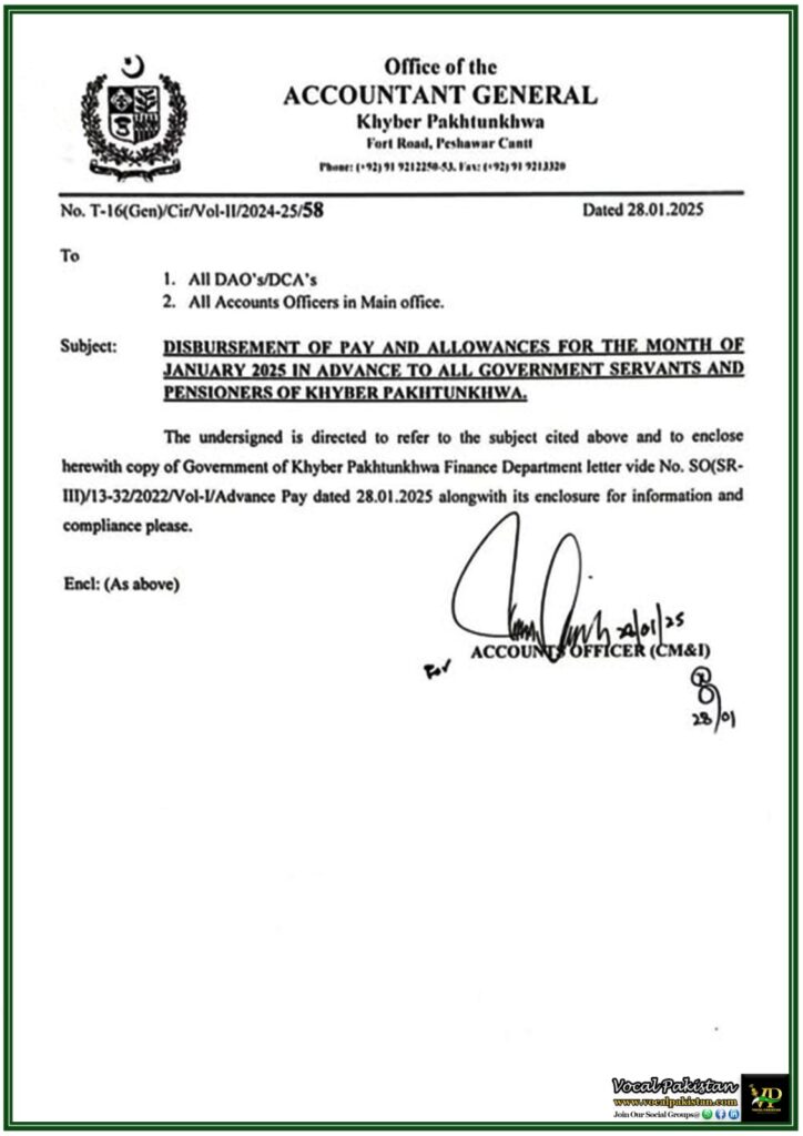 Advance Disbursement of Salaries & Pensions for January 2025–Accountant General Khyber Pakhtunkhwa Notification 8 Advance Disbursement of Salaries & Pensions for January 2025–Accountant General Khyber Pakhtunkhwa Notification