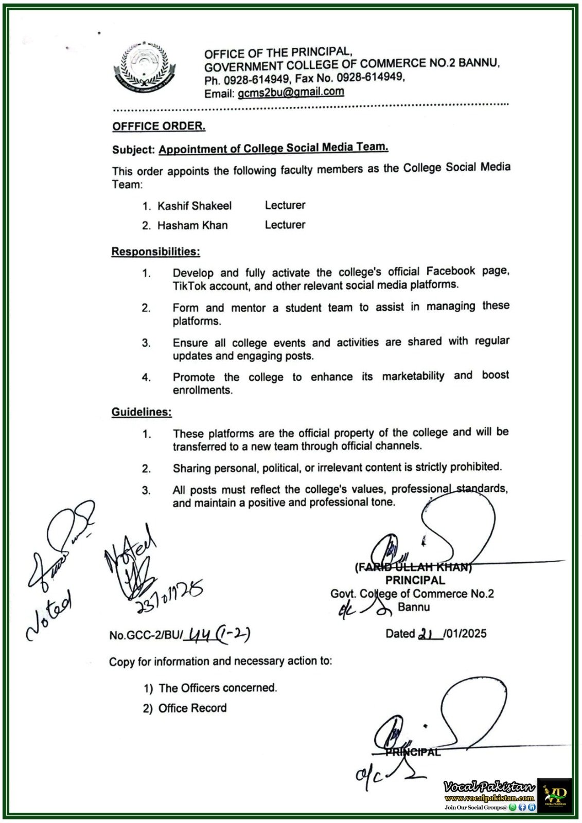 Appointment of College Social Media Team–Government College of Commerce No.2 Bannu Notification