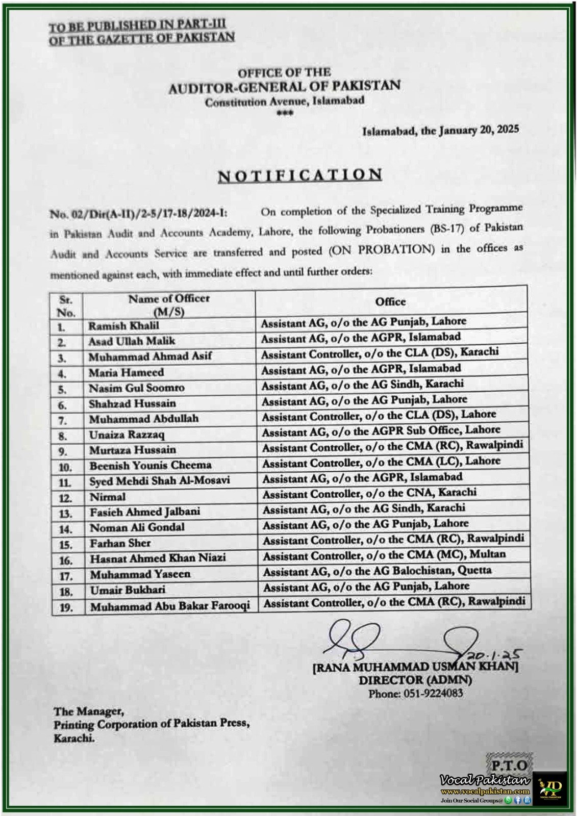 Auditor-General of Pakistan Announces Postings for Probationary Officers (BS-17) Assigned Roles After Completion of Specialized Training Programme–Notification