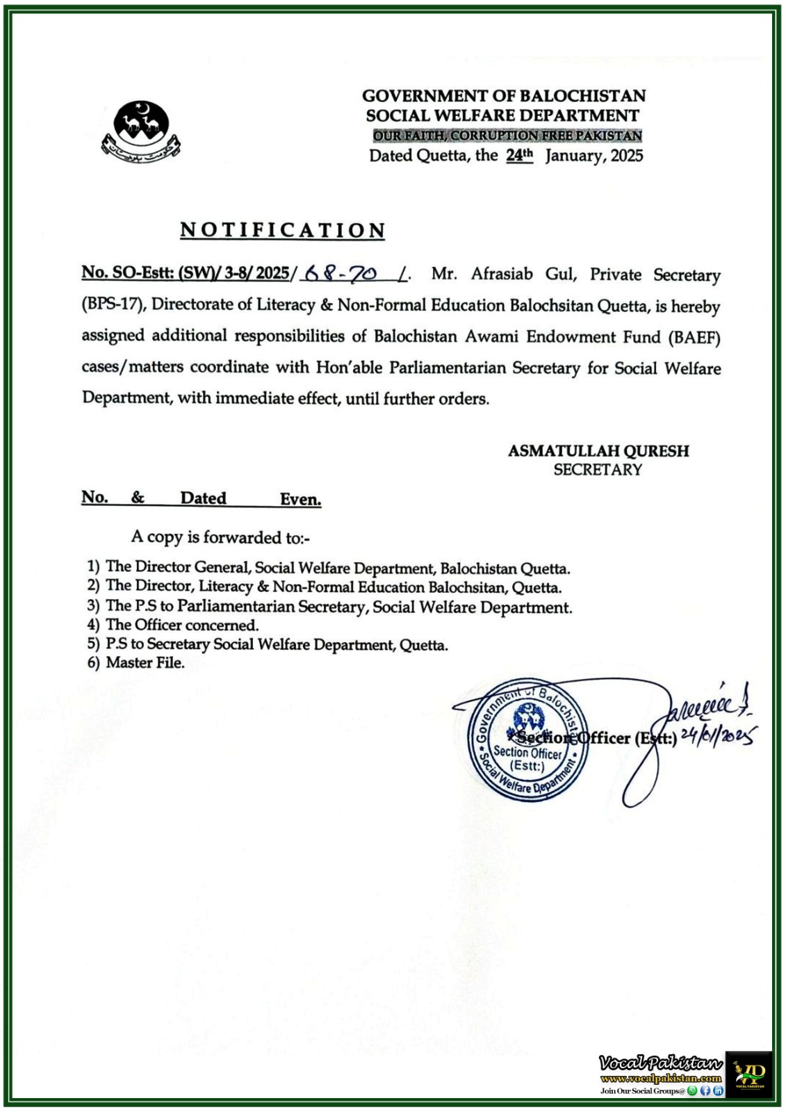 Balochistan Government Appoints Afrasiab Gul to Oversee Balochistan Awami Endowment Fund Cases-New Responsibilities Notification