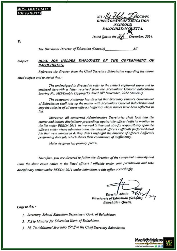 Balochistan Government Directive Issued to Halt Salaries of Dual Job Employees–Notification 2 Balochistan Government Directive Issued to Halt Salaries of Dual Job Employees–Notification