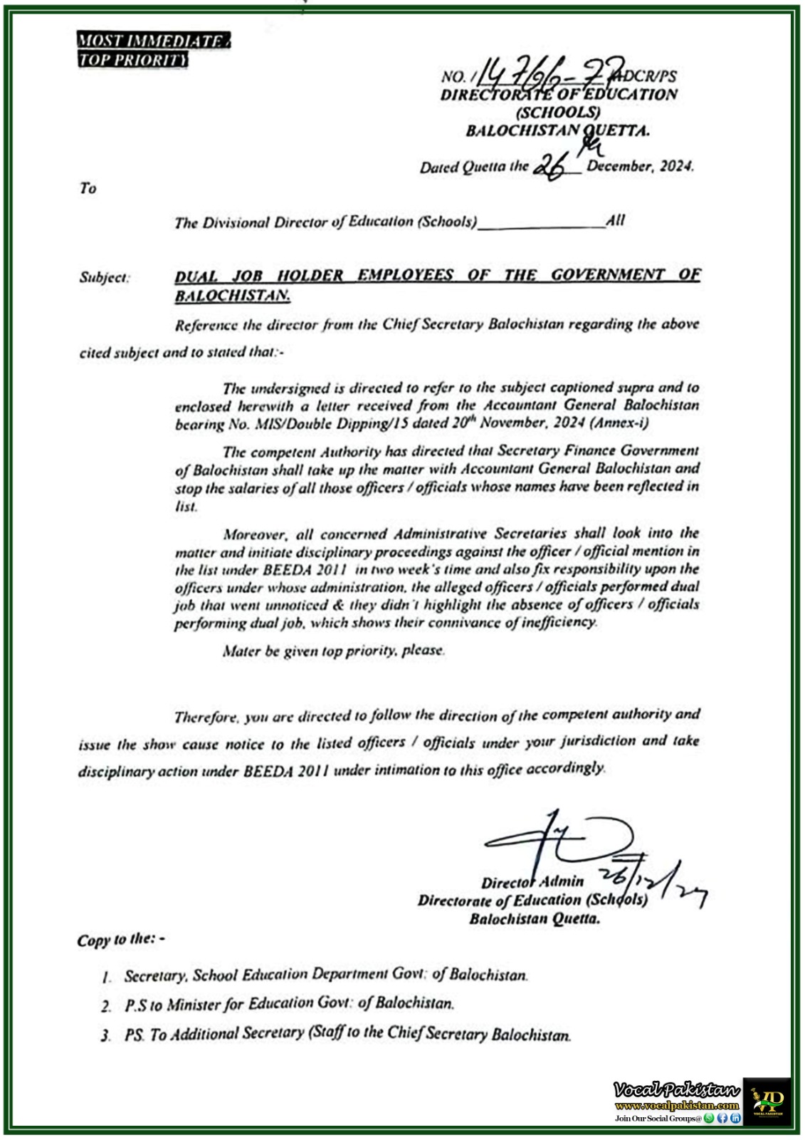 Balochistan Government Directive Issued to Halt Salaries of Dual Job Employees–Notification