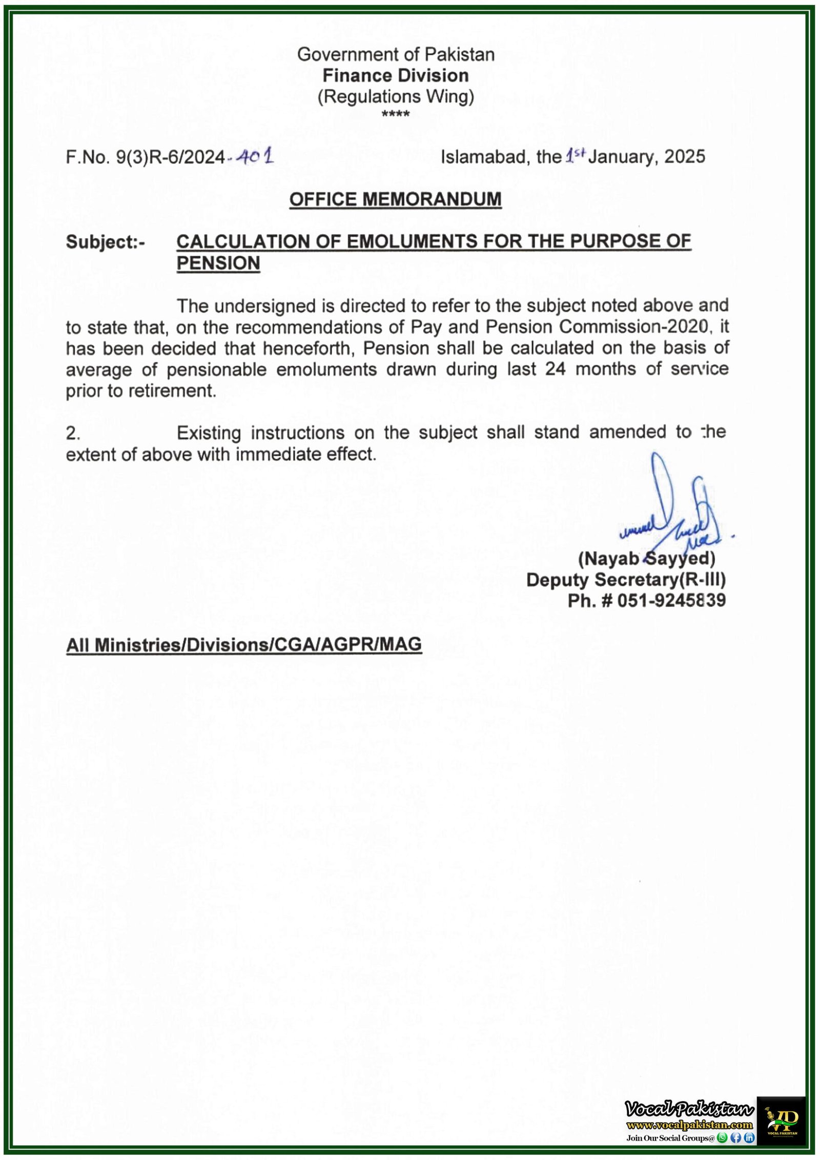 Calculation of Emoluments for the Purpose of Pension-Notification