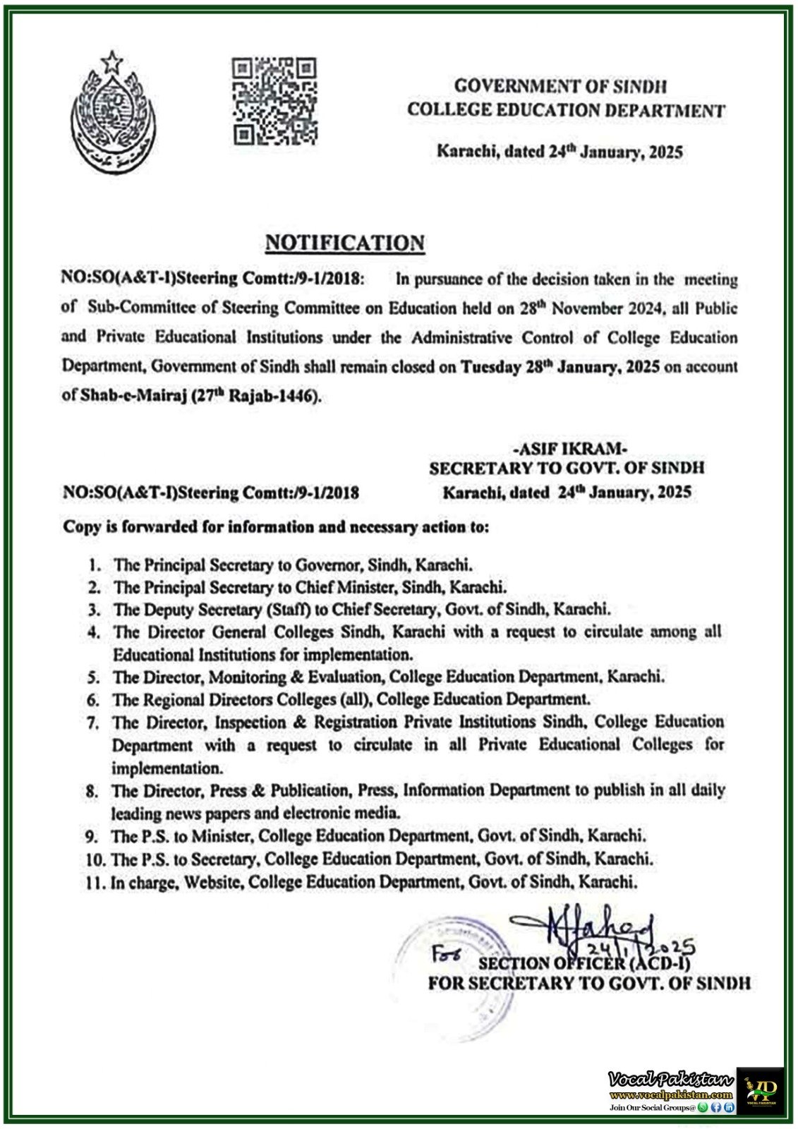 College Education Department Sindh Government Declares Public Holiday for Shab-e-Mairaj on January 28th, 2025–Notification