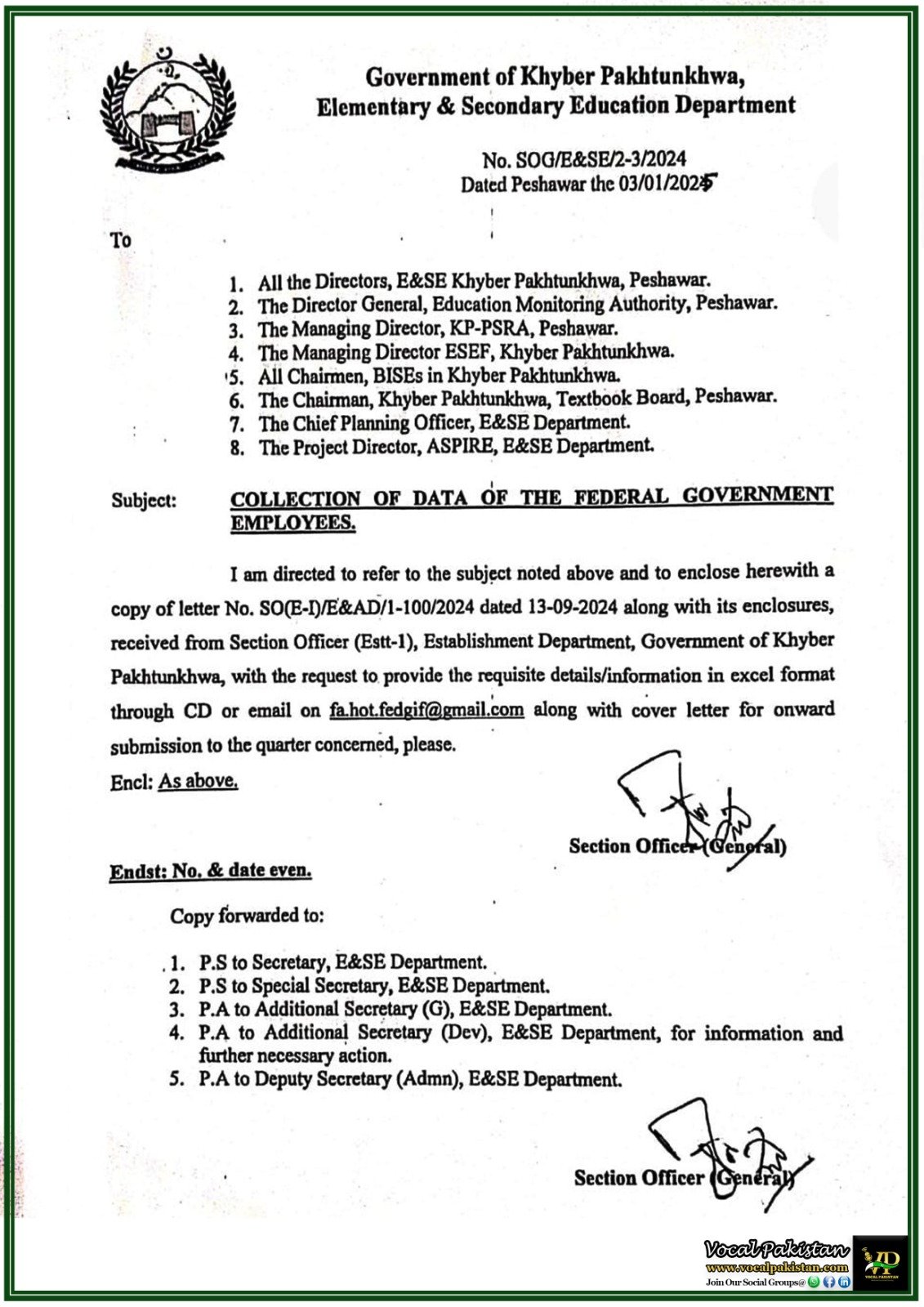 Comprehensive Data Collection of Federal Government Employees Initiated in Khyber Pakhtunkhwa–Notification