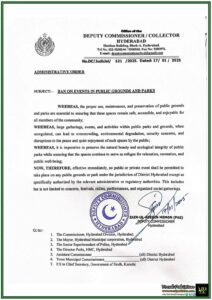 Deputy Commissioner Hyderabad Issues Order to Bans Unregulated Events in Public Parks and Grounds–Official Notification