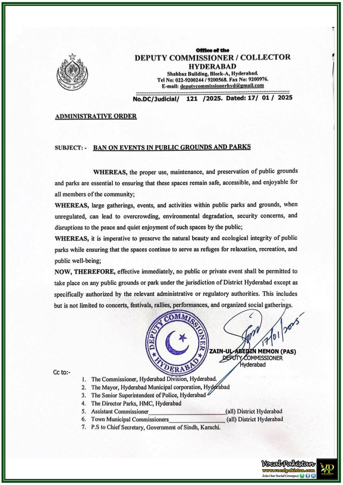 Deputy Commissioner Hyderabad Issues Order to Bans Unregulated Events in Public Parks and Grounds–Official Notification