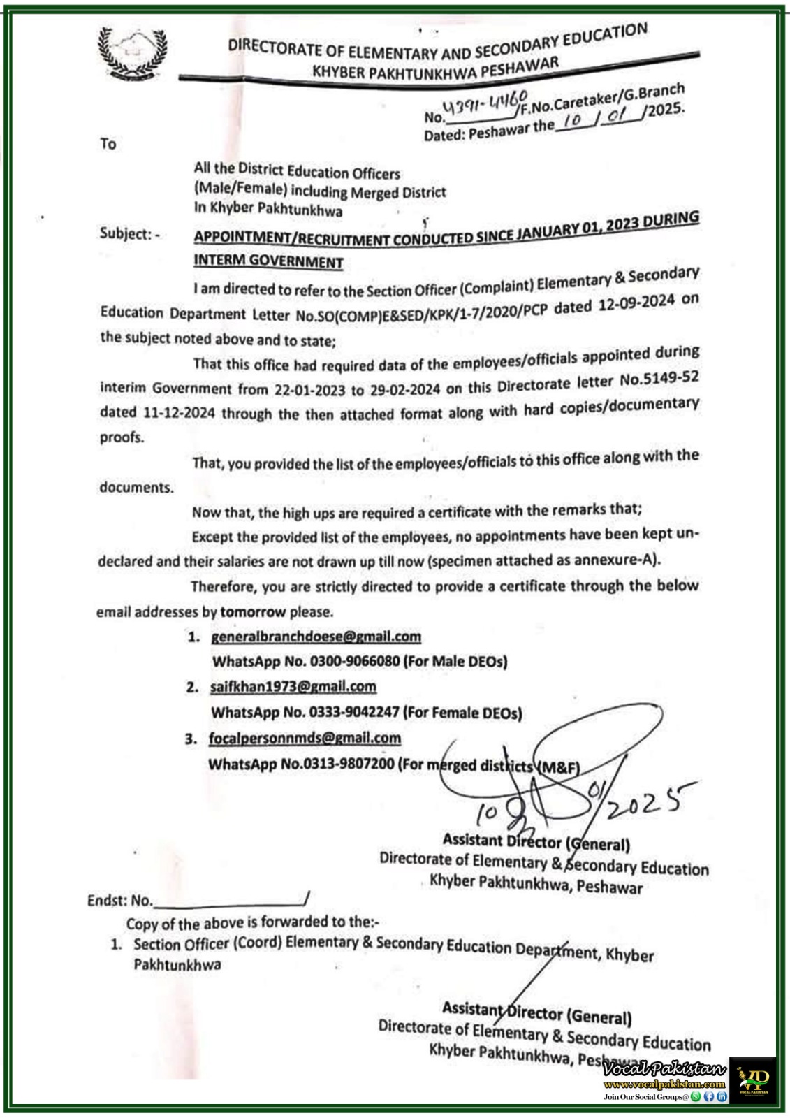 Directorate of Elementary & Secondary Education KPK Enforces Accountability in Recruitment-Notification