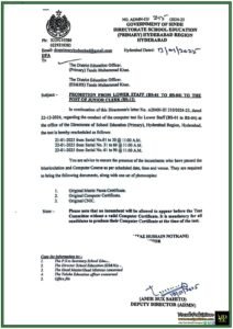 Directorate of School Education Sindh Announces Merit-Based Promotion Opportunity for BS-01 to BS-04 Staff to Junior Clerk–Notification