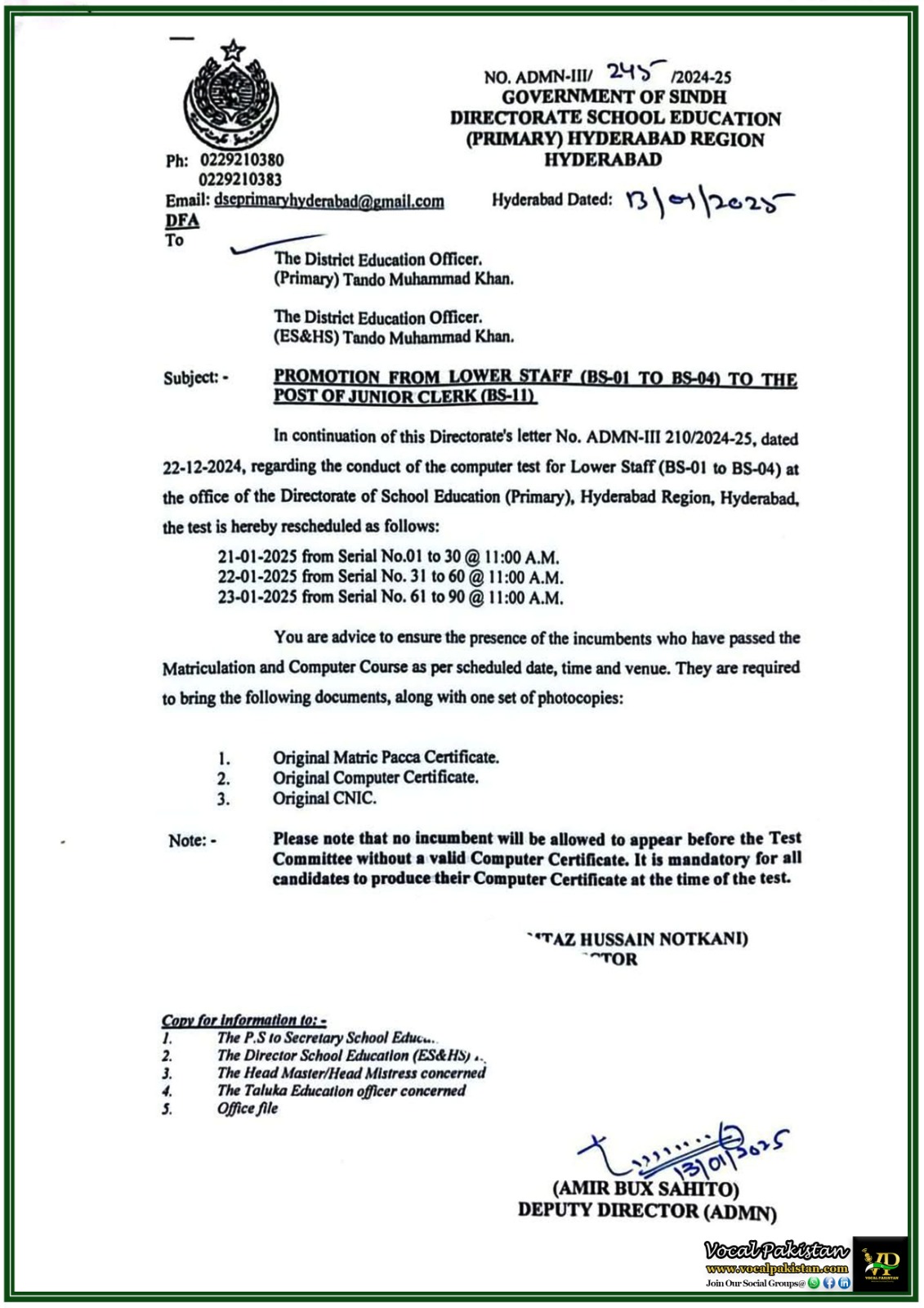 Directorate of School Education Sindh Announces Merit-Based Promotion Opportunity for BS-01 to BS-04 Staff to Junior Clerk–Notification