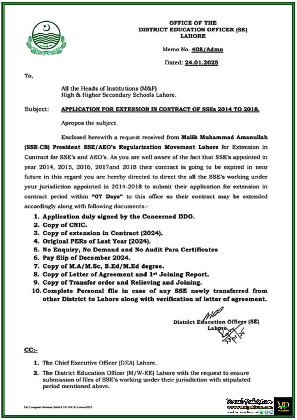 Punjab 3 District Education Officer Lahore Issues Memo for SSE & AEO Contract Extension-Notification