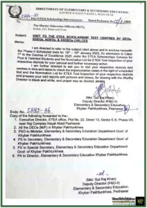 ETEA Scholarship Test Centres Phase-II Inspection Guidelines Issued by Khyber Pakhtunkhwa Directorate–Notification