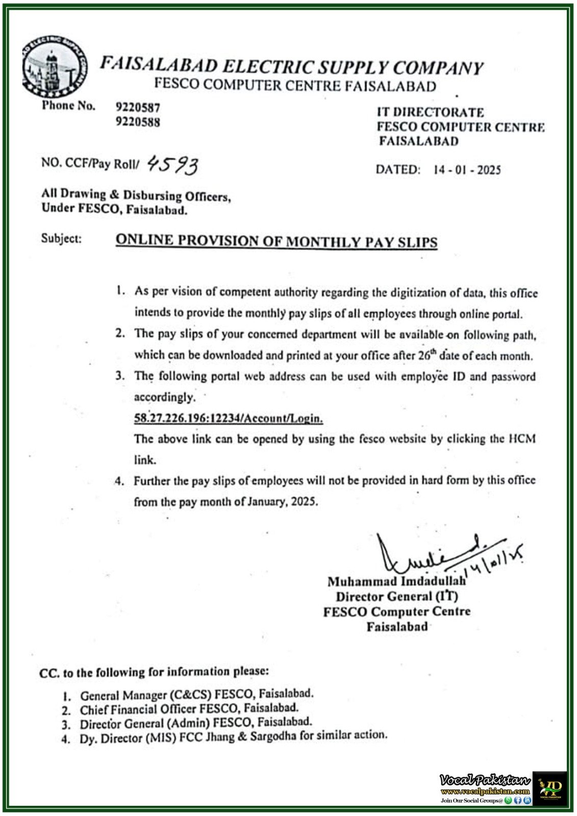 FESCO Introduces Online Monthly Pay Slip System for Employees–Notification