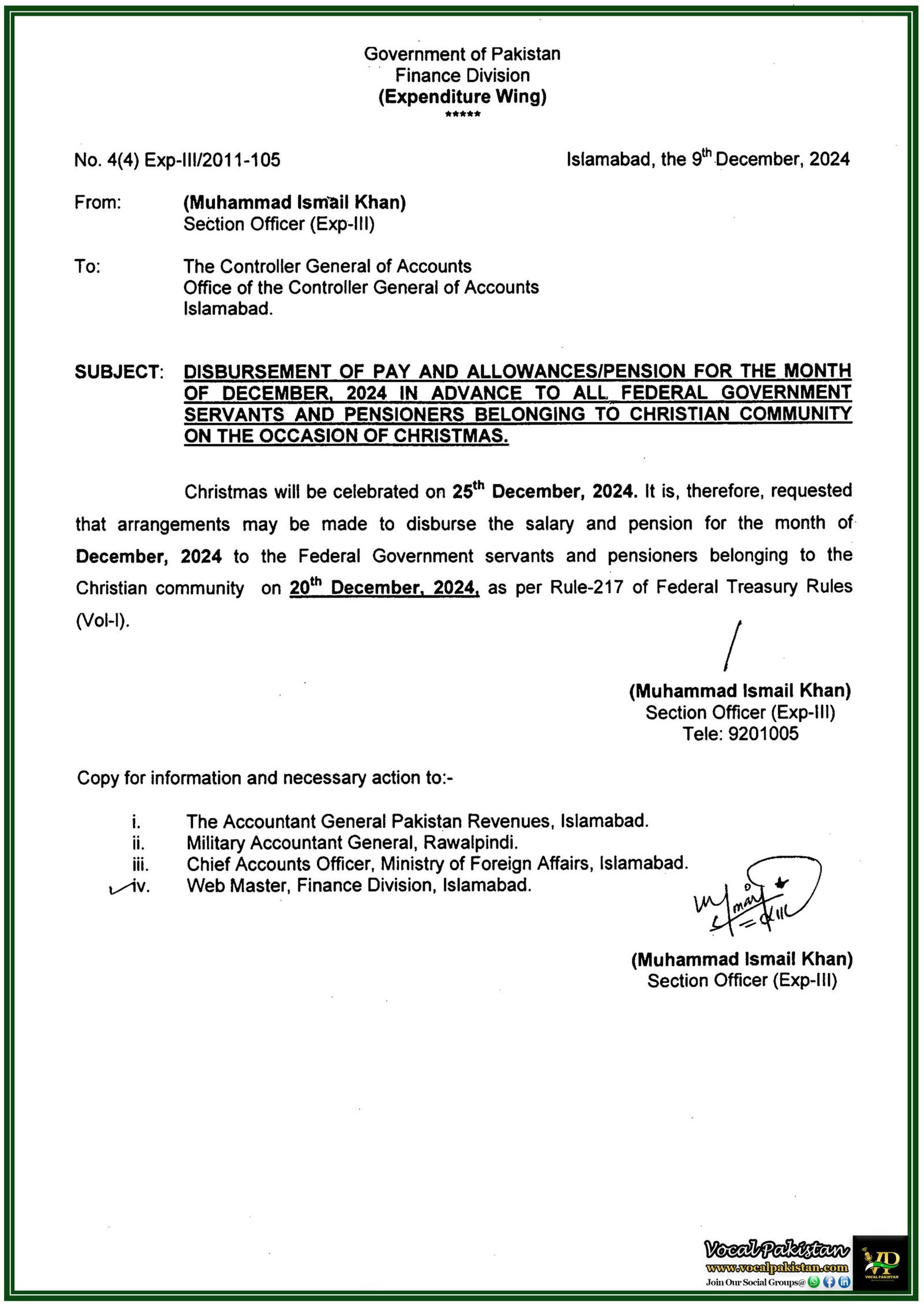 Federal Employees and Pensioners to Receive December Payments in Advance for Christmas-Notification