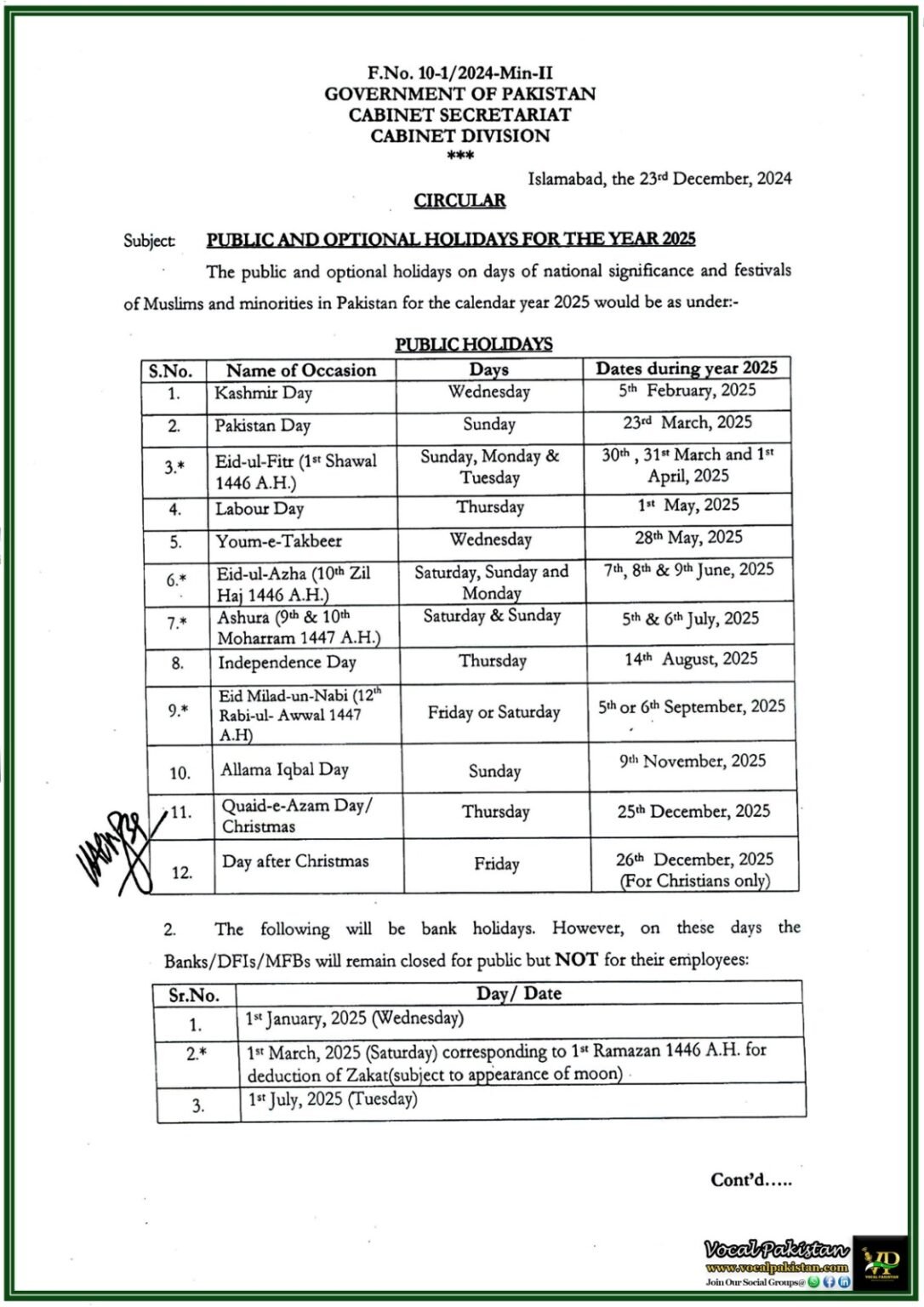 Federal Government announced Public And Optional Holidays For The Year