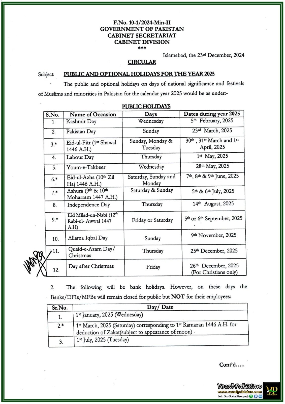 Federal Government announced Public And Optional Holidays For The Year 2025-Notification