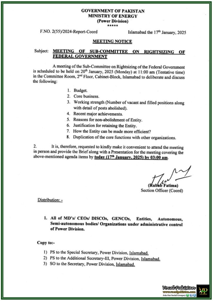 Federal Government’s Rightsizing Agenda: Key Meeting Announced by Ministry of Energy–Notification 6 Federal Government’s Rightsizing Agenda Key Meeting Announced by Ministry of Energy–Notification