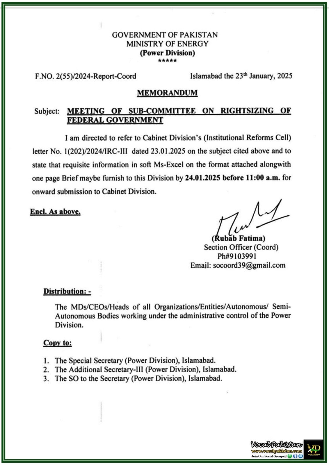 Federal Rightsizing Initiative: Ministry of Energy Issues Timely Coordination-Ministry of Energy (Power Division) Notification