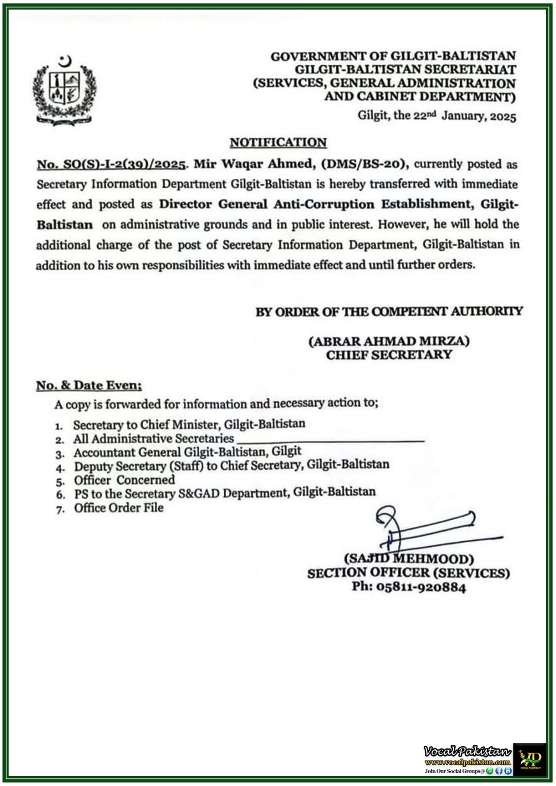 Gilgit Baltistan 7 Gilgit-Baltistan Government Announces Major Administrative Reshuffle: Mir Waqar Ahmed Appointed Director General of Anti-Corruption Establishment-Notification