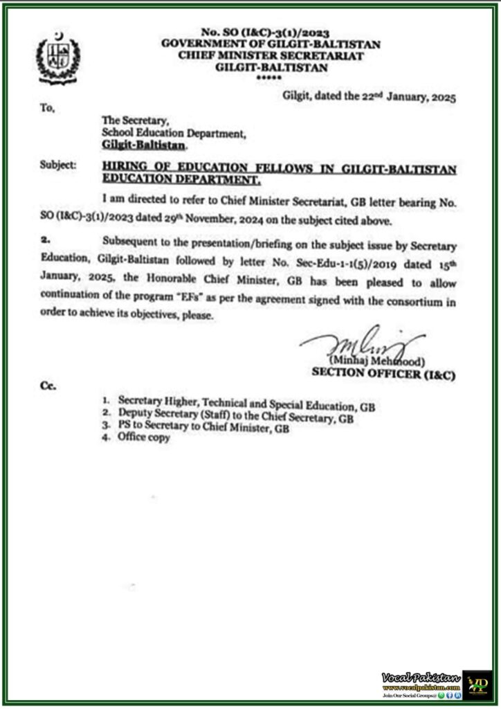 Government of Gilgit-Baltistan Approves Continuation of Education Fellows Program–Notification