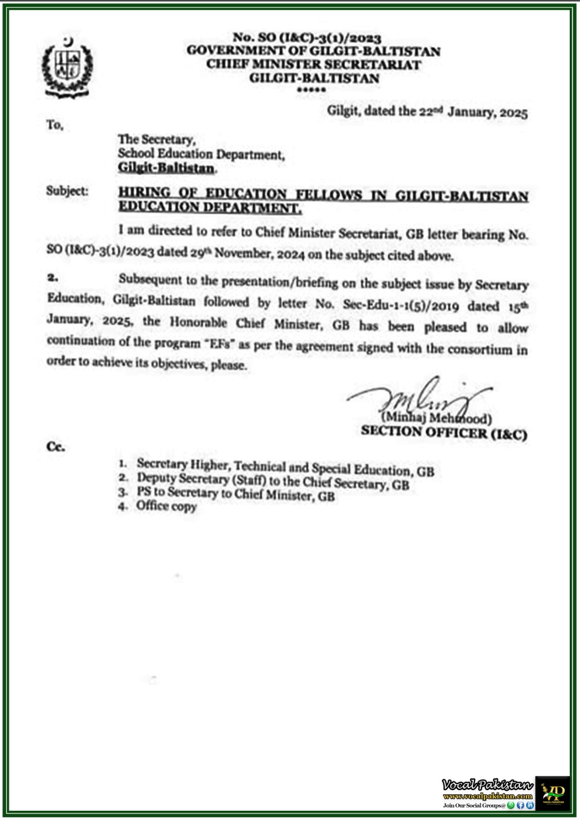 Gilgit Baltistan 1 Government of Gilgit-Baltistan Approves Continuation of Education Fellows Program–Notification