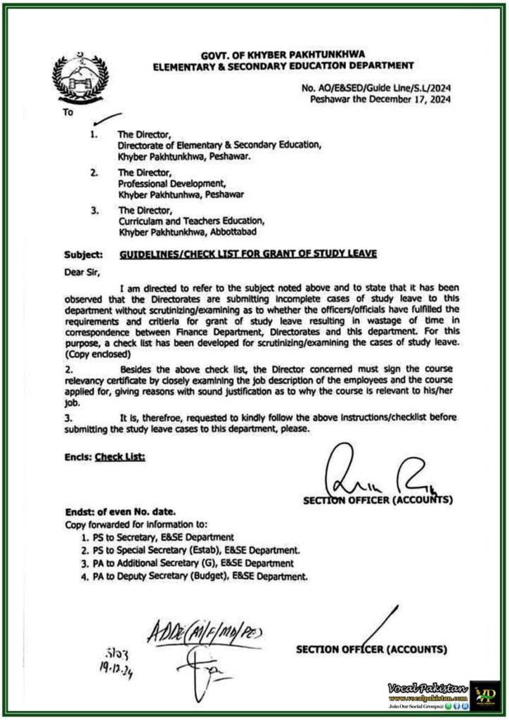 Government of Khyber Pakhtunkhwa Issues Checklist for Efficient Processing of Study Leave–Notification 10 Government of Khyber Pakhtunkhwa Issues Checklist for Efficient Processing of Study Leave–Notification