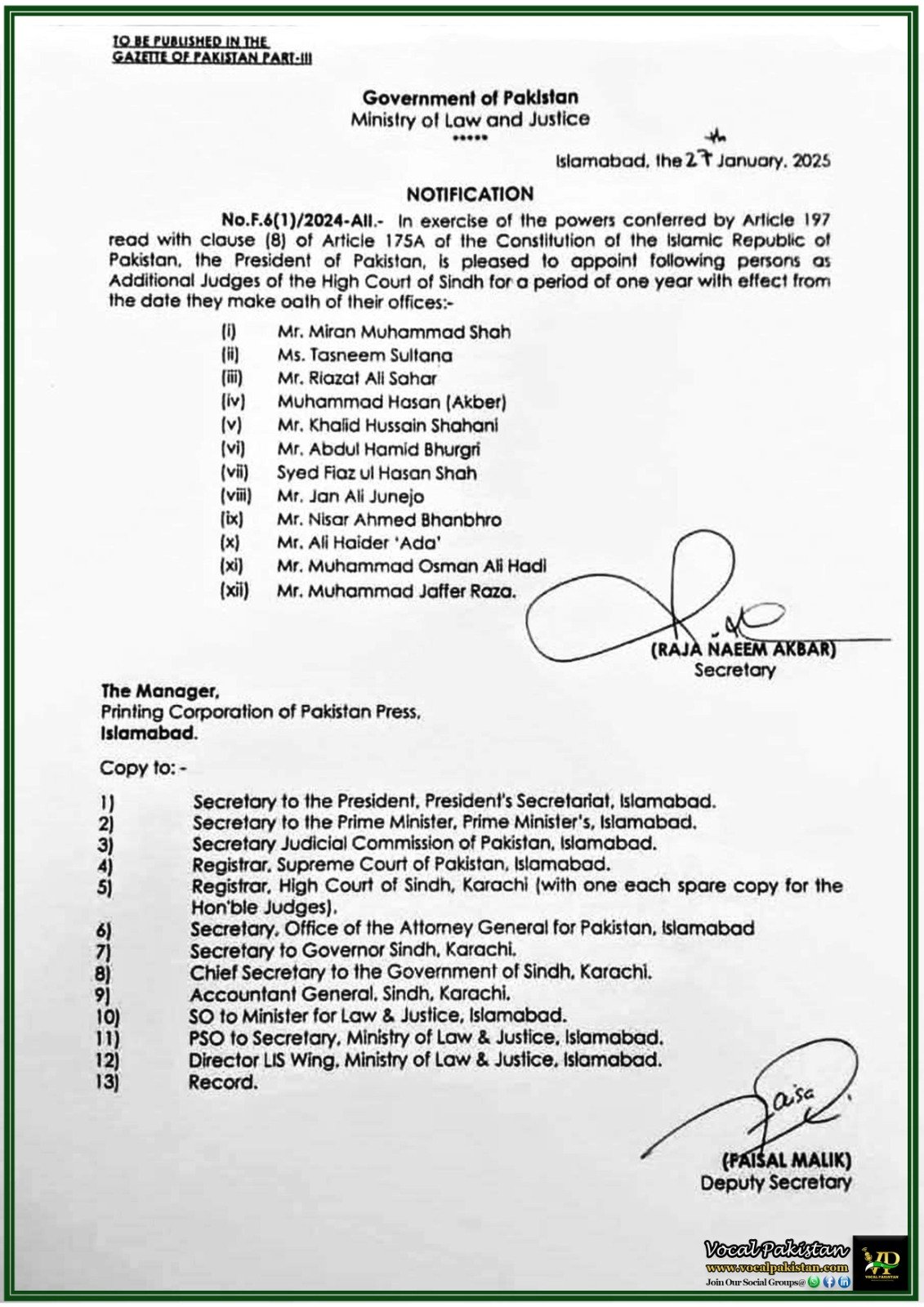 Government of Pakistan Announces Sindh High Court Appointments–Notification