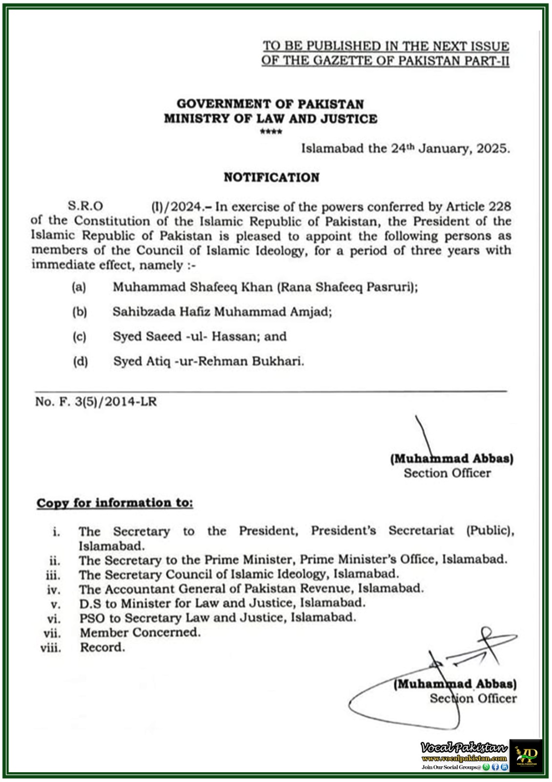 Federal 1 Government of Pakistan Appoints Four New Members to Council of Islamic Ideology-Notification
