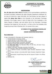 Government of Punjab Appoints Dr. Adnan Noor Mian as Information Technology University of the Punjab, Lahore (ITU) Vice Chancellor–Notification