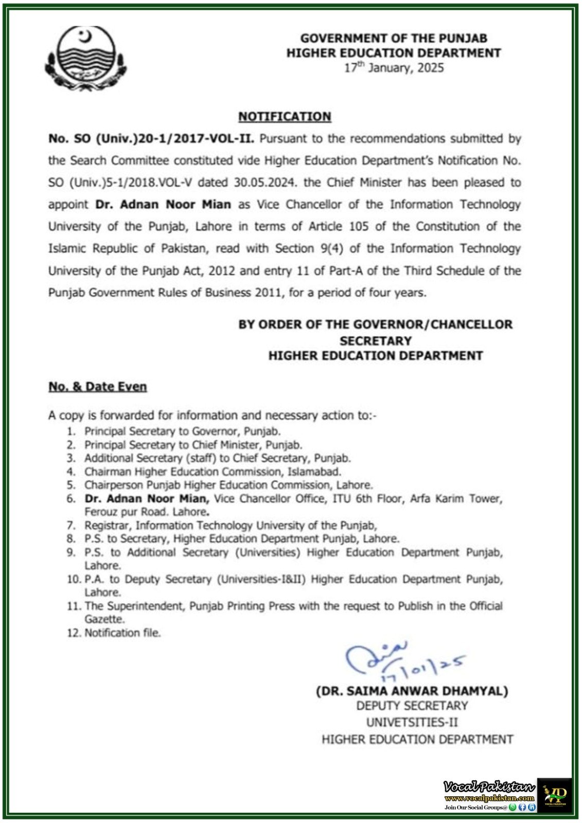 Government of Punjab Appoints Dr. Adnan Noor Mian as Information Technology University of the Punjab, Lahore (ITU) Vice Chancellor–Notification