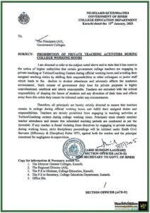 Government of Sindh Issues Notification to Prohibit Private Teaching During College Hours-Notification