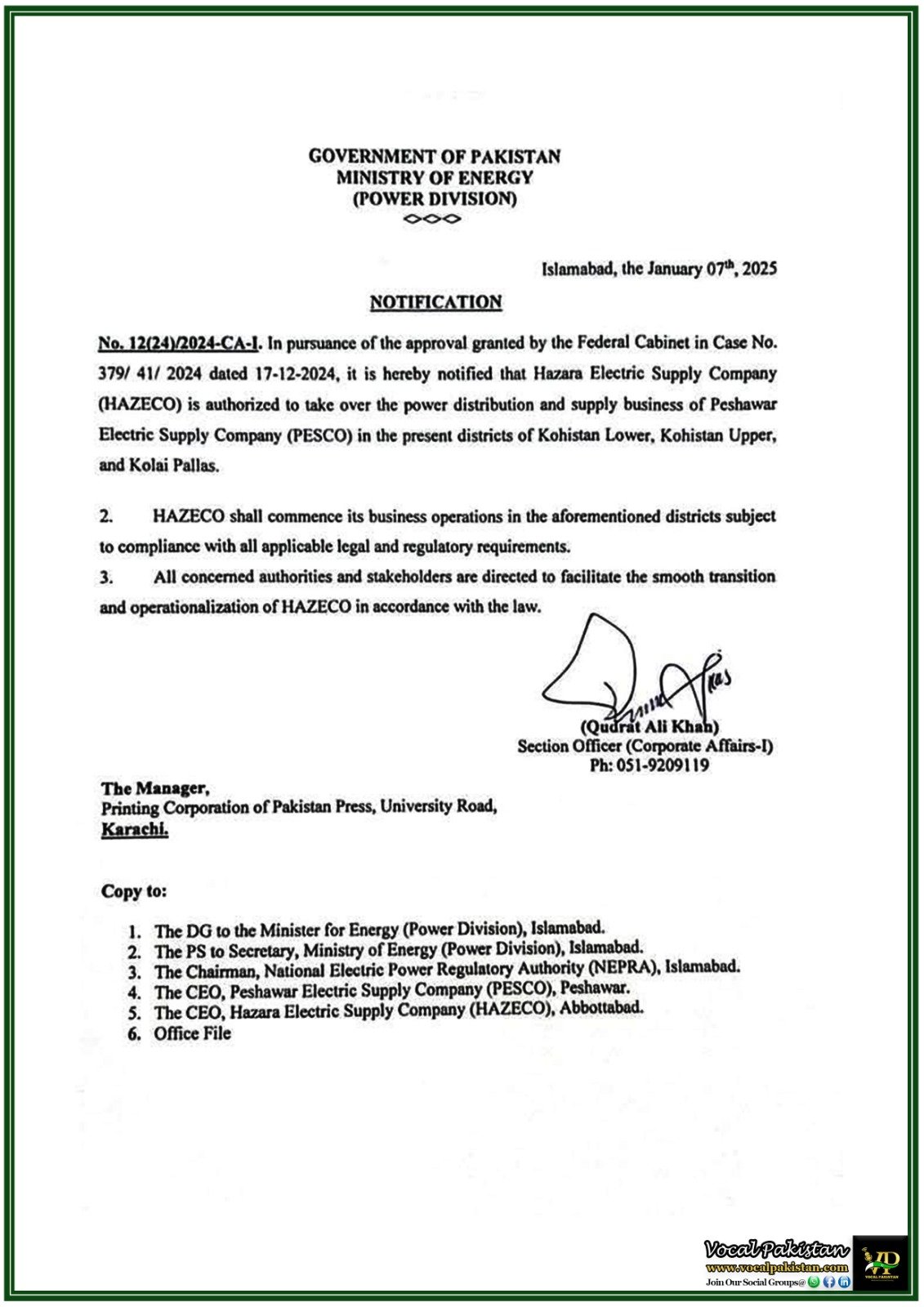 HAZECO to Take Over Power Distribution from PESCO in Kohistan and Kolai Pallas–Notification