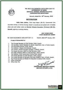 Hafiz Moin Akhtar Appointed as Director Schools Education (Primary) Karachi–Notification