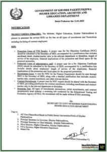 Higher Education Department Khyber Pakhtunkhwa has announced that recruitment will now require an ETA test–Notification