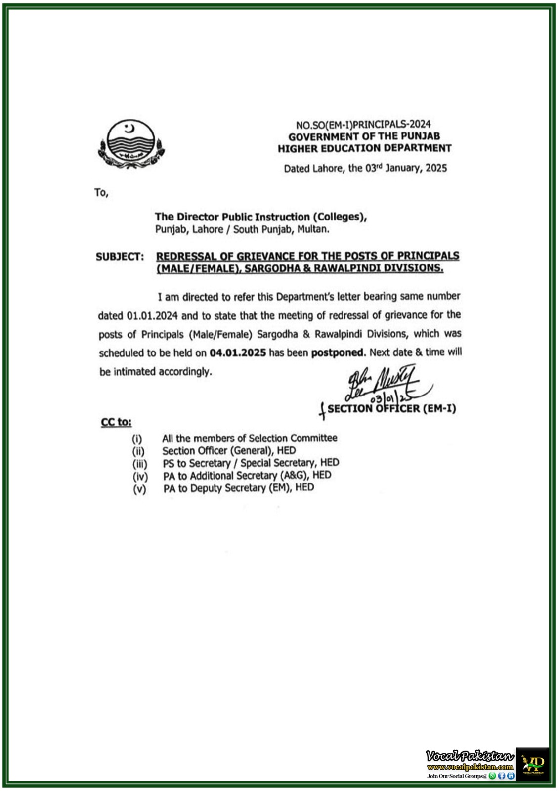 Higher Education Department Postponed Meeting for Sargodha and Rawalpindi Principals–Notification