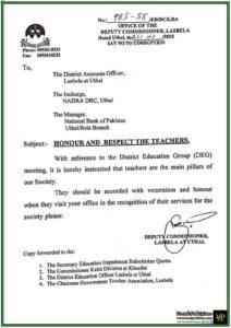 Honoring Teachers Deputy Commissioner Lasbela Issues Respect Directive–Notification