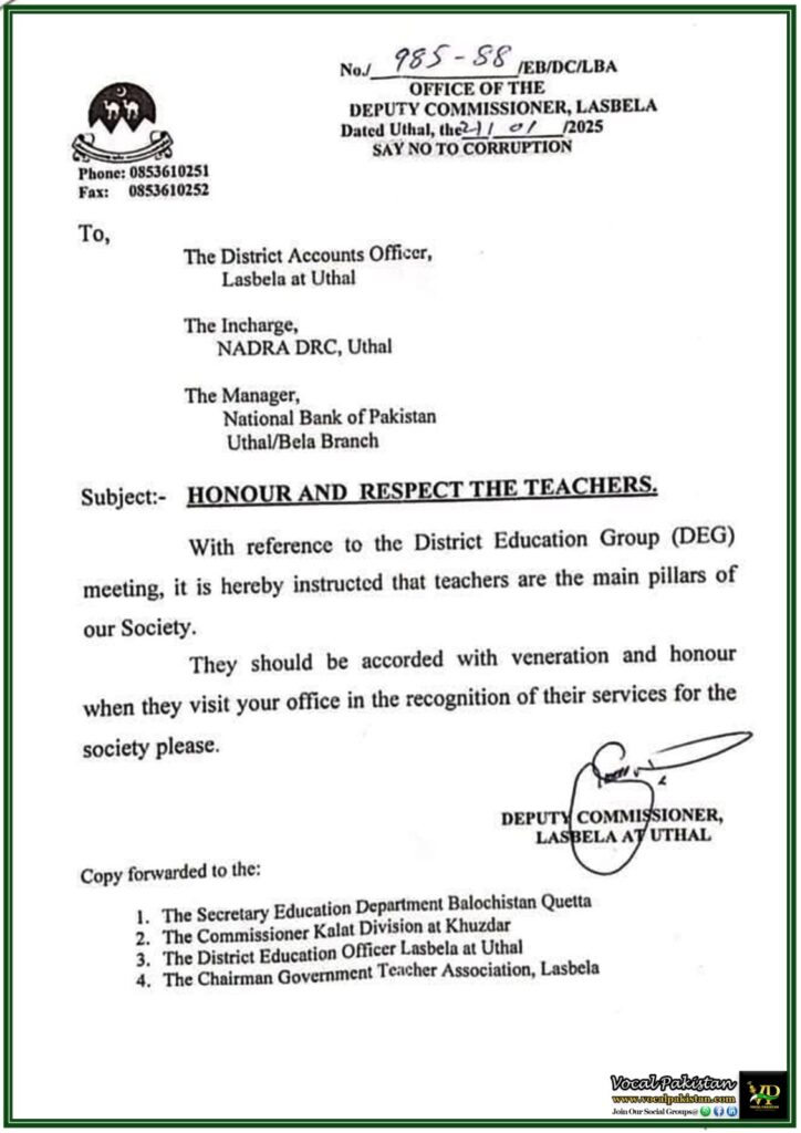 Honoring Teachers: Deputy Commissioner Lasbela Issues Respect Directive–Notification 8 Honoring Teachers Deputy Commissioner Lasbela Issues Respect Directive–Notification