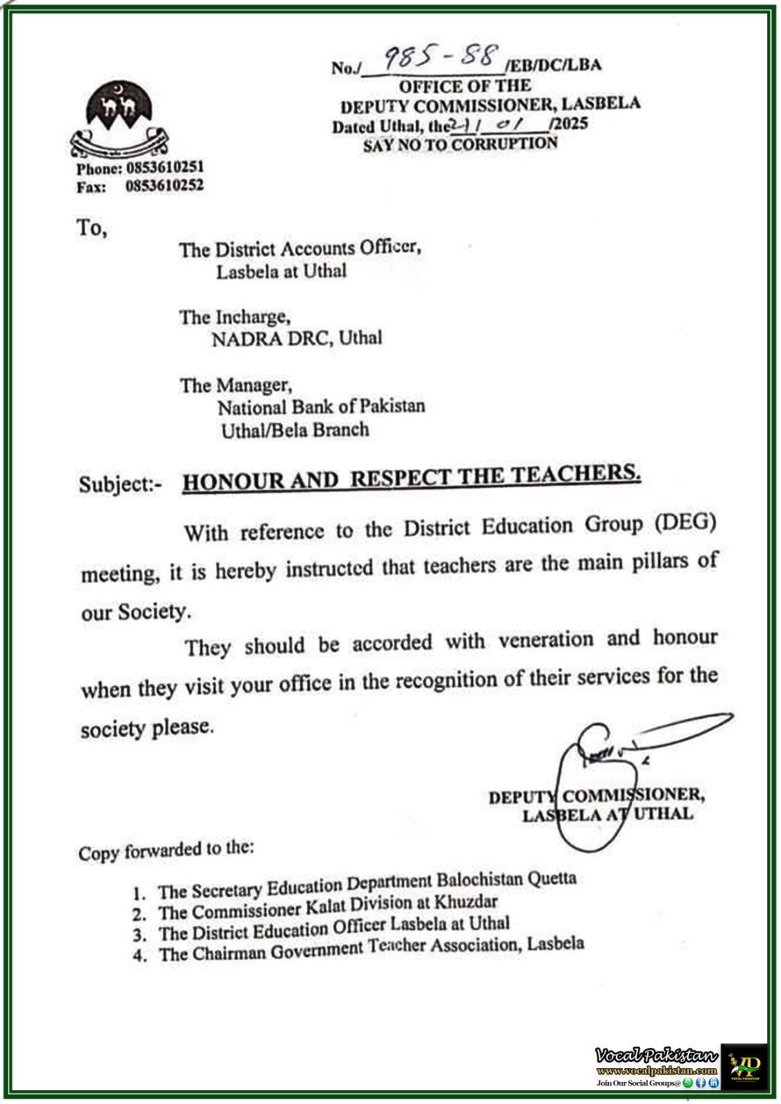 Honoring Teachers: Deputy Commissioner Lasbela Issues Respect Directive–Notification