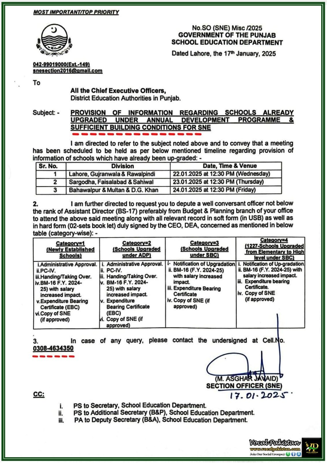 Important Notification for District Education Authorities: Providing Details on Schools Upgraded under ADP and SBC